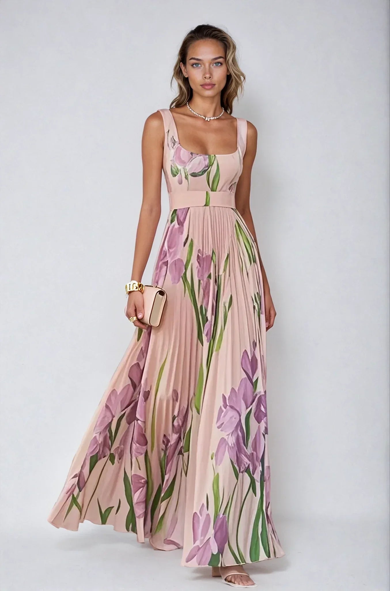 Chiffon | Maxi-sukienka z kwiatami i fałdami